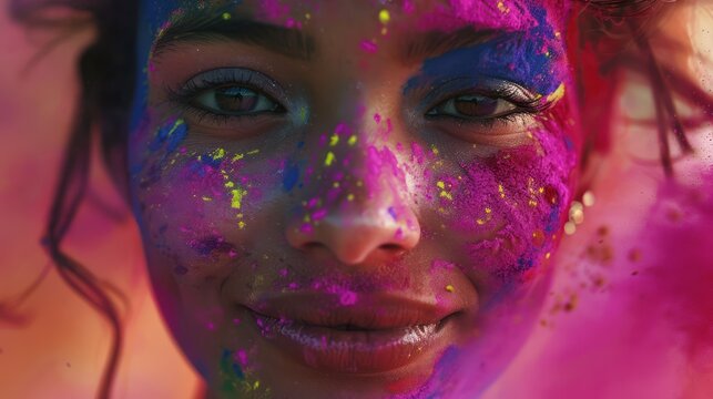 Close-up of a young Indian woman looking at the camera with a playful smile, face covered in colored powder. An explosion of multicolored, bright, colorful pigments in a colorful splash festival.