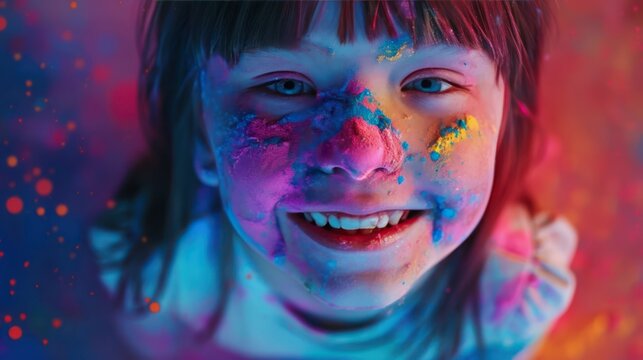 Close-up of a cute smiling young woman with Down syndrome, a fun smile, face covered in colored powder.