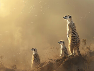 A family of meerkats standing alert on a dusty mound, scanning the horizon