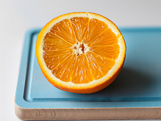 In a brightly lit, minimalist setting, a freshly cut orange half sits on a matte blue cutting board.