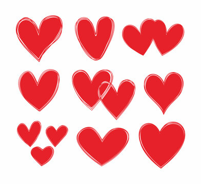 Artistic hand drawing hearts icon set vector.  Rustic hearts symbol. 