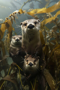 A family of otters playing in a kelp forest underwater, showcasing the playful side of marine life, hyper realistic, low noise, low texture