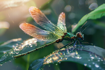 A close-up of a dragonfly cyborg resting on a dew-covered leaf - obrazy, fototapety, plakaty