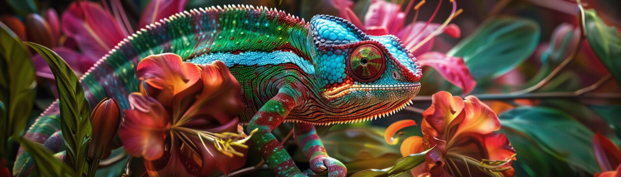 A camouflaged chameleon changing colors among tropical flowers