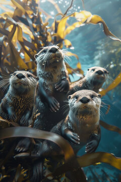 A family of otters playing in a kelp forest underwater, showcasing the playful side of marine life, hyper realistic, low noise, low texture