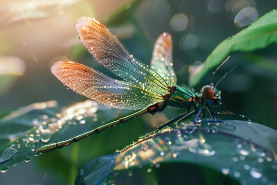 A close-up of a dragonfly cyborg resting on a dew-covered leaf