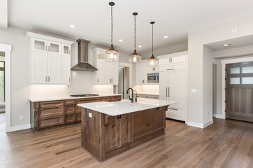 Kitchen interior in beautiful new luxury home with kitchen island 