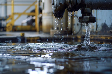 A water leak in a factory, with water dripping from a large piece of machinery. - obrazy, fototapety, plakaty