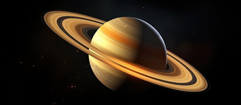 An astronomical view of the planet Saturn in outer space, showcasing its iconic ring system and surrounding stars