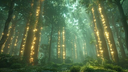 An ethereal forest with shimmering portals tered throughout inviting travelers to explore the diverse worlds beyond. - obrazy, fototapety, plakaty