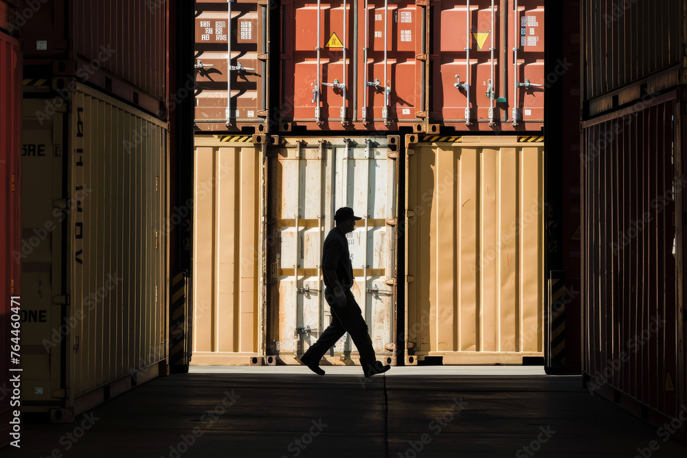 Poster an abstract image of a mover silhouette against the backdrop of a container truck filled with boxes