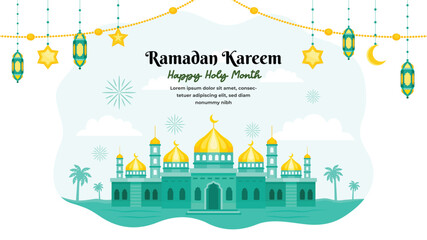 Ramadan kareem greeting card. Islamic background with mosque, lantern, star, moon, cloud element vector illustration