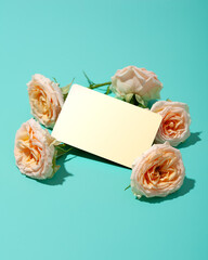 Rose greetings, gift card, romantic holiday congratulations.