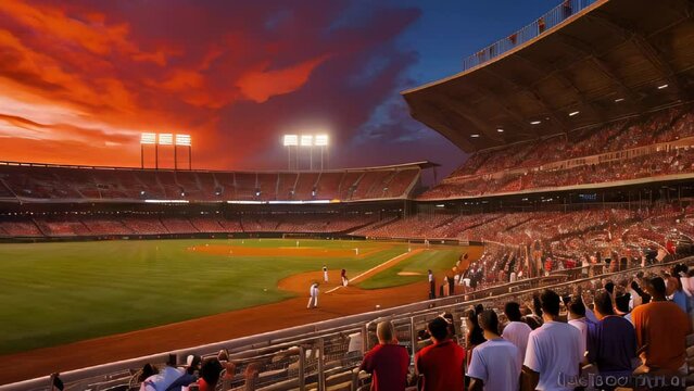 Game at a baseball stadium glowing in the sunset.
