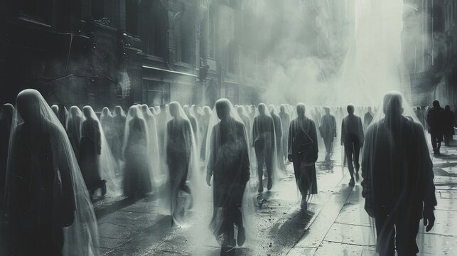 A crowded street scene with identical ghostly figures of a single person repeated throughout.