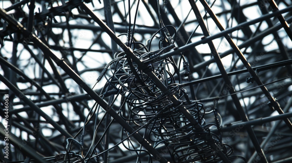 Poster the intricate mesh of wires and cables that power and connect a stadiums lighting system.
