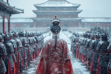 Rear view of empress with trail of soldiers in background 