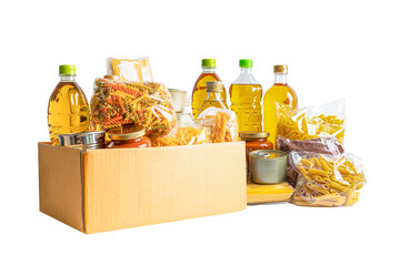 Foodstuff for donation isolated on white background, storage and delivery. Various food, pasta,...