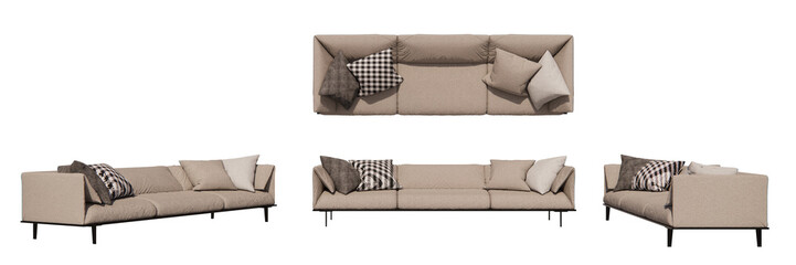 three seat modern sofa, living room, isometric sofa, sofa with pillows mockup, top view, font view,...