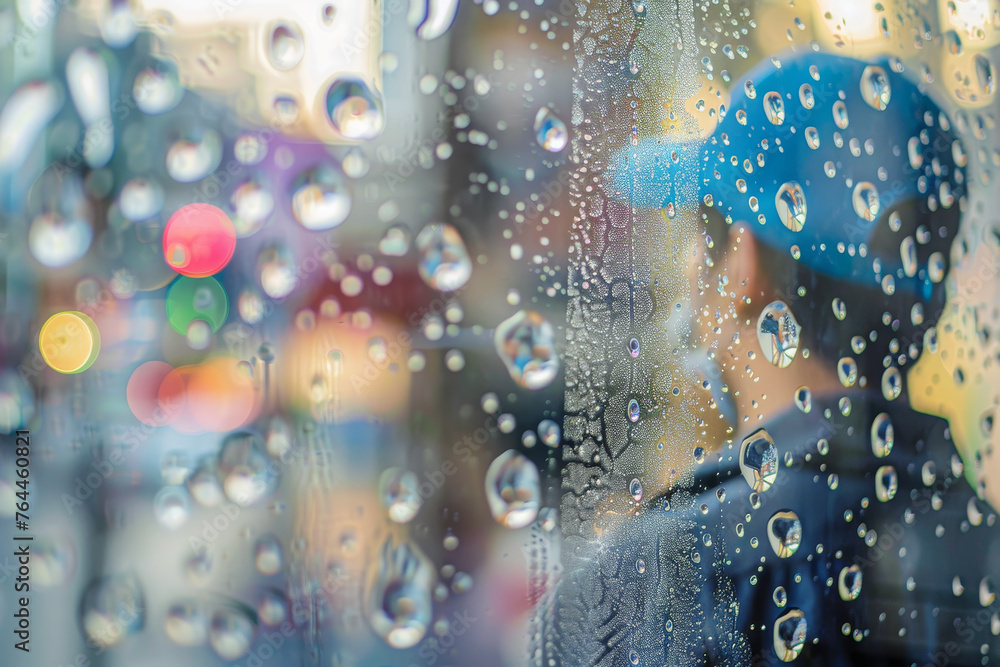 Poster an abstract image of a professional cleaner at work, their figure visible through the bubbles of a s