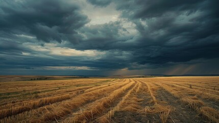 A stormy sky looms above a landscape of desolation where the only remnants of life are the tered remnants of flattened browned crops.