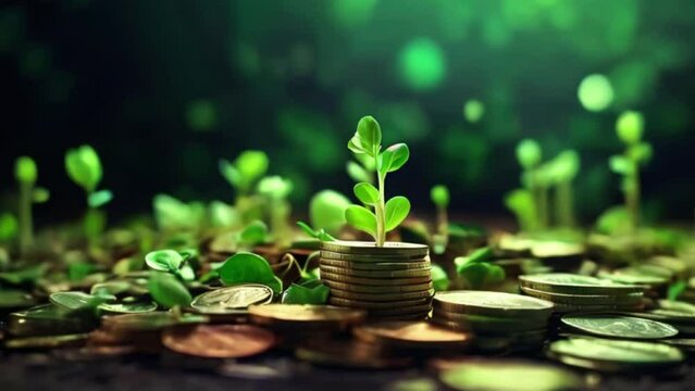 Sprouts Growing on Coin Stacks. Looping. Green Business, Growth, Recycling, Renewable Energy, Environmental Consciousness Concept. Animated Background