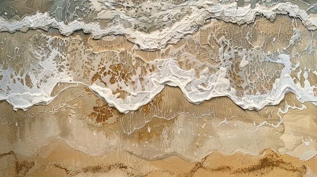 "Textured coastal landscape with foamy sea waves on sandy shore. Aerial view background for environmental design."