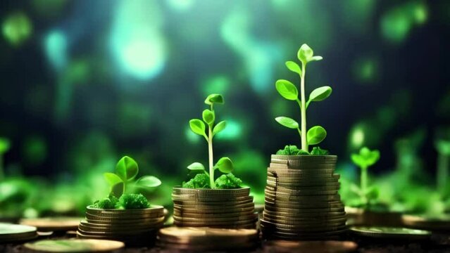 Sprouts Growing on Coin Stacks. Looping. Green Business, Growth, Recycling, Renewable Energy, Environmental Consciousness Concept. Animated Background