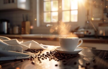A warm, inviting photo capturing a steaming cup of coffee surrounded by scattered coffee beans on a kitchen counter during golden hour