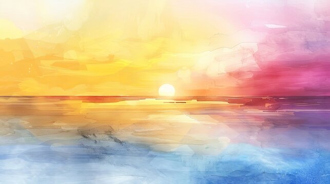 "Sunset ocean scene with a watercolor effect, ideal for tranquil themes and nature-inspired wall decor."