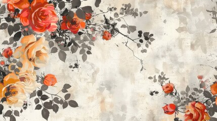 "Vintage floral wallpaper with orange roses and grunge texture. Elegant background design for invitations and home decor."