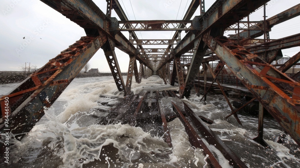 Poster the twisted metal beams of a collapsed bridge resemble a tangled web a striking image of the destruc