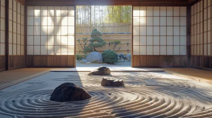 Foto op Aluminium "Japanese Zen garden with rock formations and sand ripples, peaceful design for tranquility and meditation spaces." © LOMOSONIC