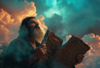 Generative AI of The Ten Commandments in Moses' Hands concept for Ancient Scriptures, Sacred Stones, Judaic Traditions, and Christian Beliefs - 764461605