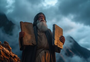 Generative AI of Moses Holding the Ten Commandments concept for Biblical Revelation, Divine Law and Faith, Spiritual Morality, and Religious Heritage
