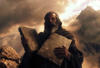 Generative AI of Moses Carrying the Commandments concept for Spiritual Responsibility, The Lawgiver's Burden, Biblical Commandments, and Religious Awakening