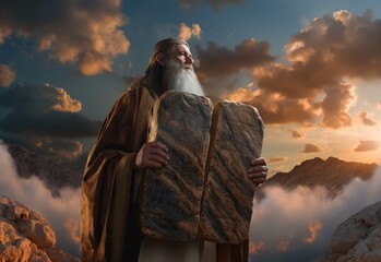 Generative AI of Moses with the Commandments concept for Prophet of Sinai, Religious Leadership, Hebrew Teachings, and Moral Foundations