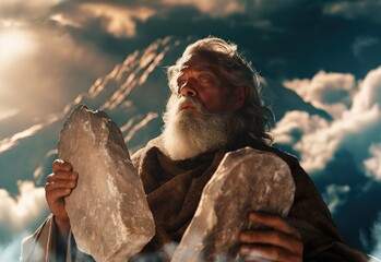Moses and the Tablets concept for God's Message, Eternal Words on Stone, Religious Commandments, and Moral Compass - obrazy, fototapety, plakaty
