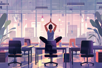 Fototapeta premium An abstract image of an office worker doing yoga poses between desks filled with laptops.