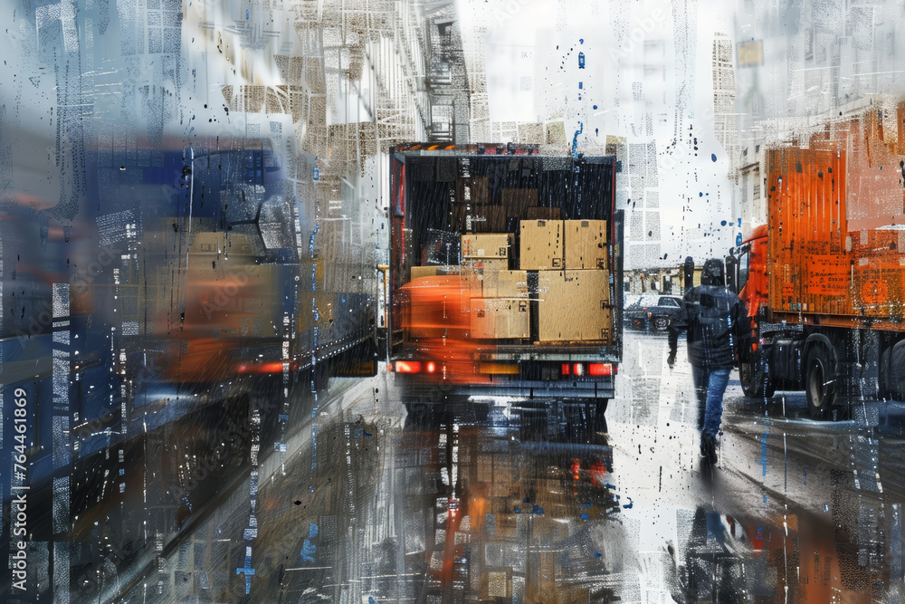 Poster an abstract image of movers unloading boxes from a container truck in the rain.