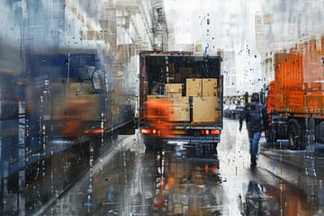 An abstract image of movers unloading boxes from a container truck in the rain.