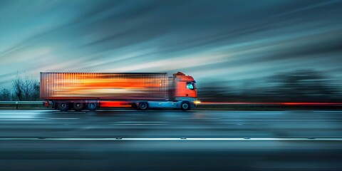 Truck swiftly moving on UK highway with cargo in motion blur. Concept Truck, UK highway, Cargo, Motion blur, Swiftly moving
