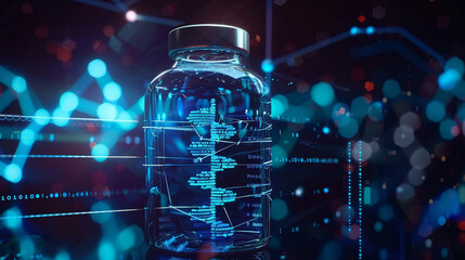 Vaccine Vial with DNA Structure and Data Concept