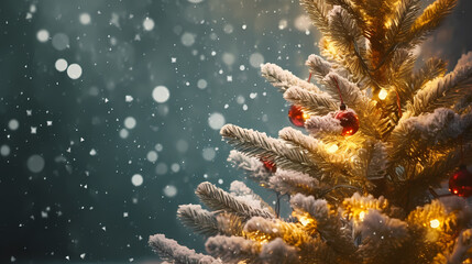 Obraz na płótnie Canvas Christmas background with pine branches and bokeh lights
