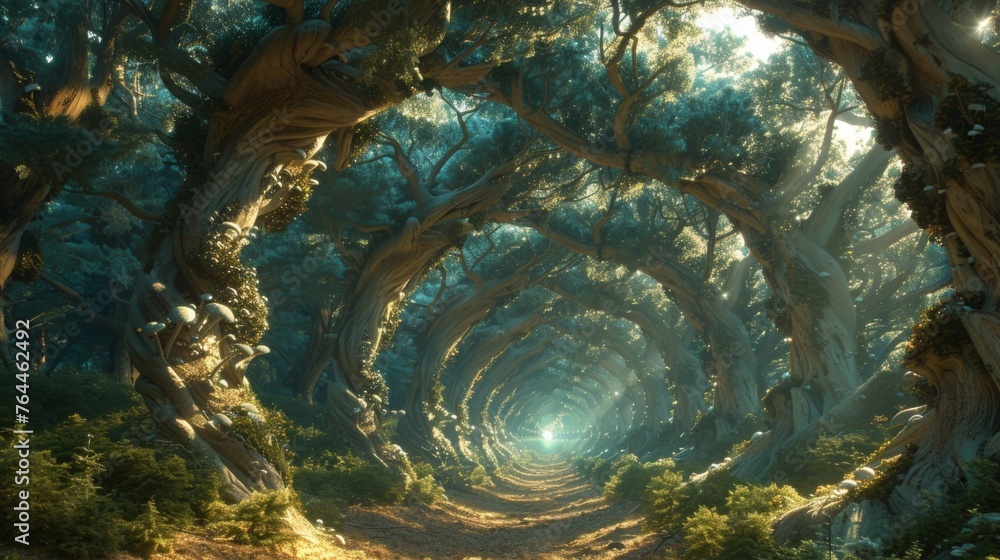 Aufkleber a dark mysterious forest where trees twist and contort in impossible angles. glowing mushrooms sprou