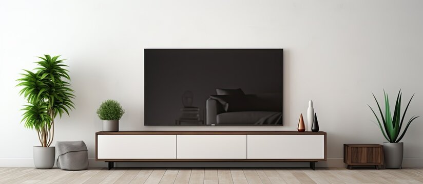 Render of a contemporary living space featuring a TV and potted plant
