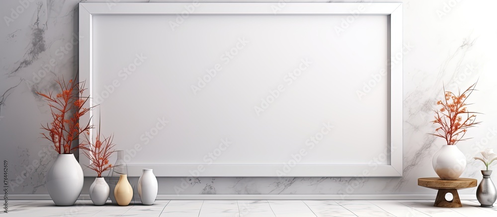 Poster a decorative frame set against a marble wall with elegant vases placed on display within the frame