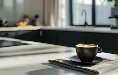 A black coffee cup with a detailed latte art heart sits on a marble countertop, with a modern kitchen blurred in the background, creating a cozy atmosphere