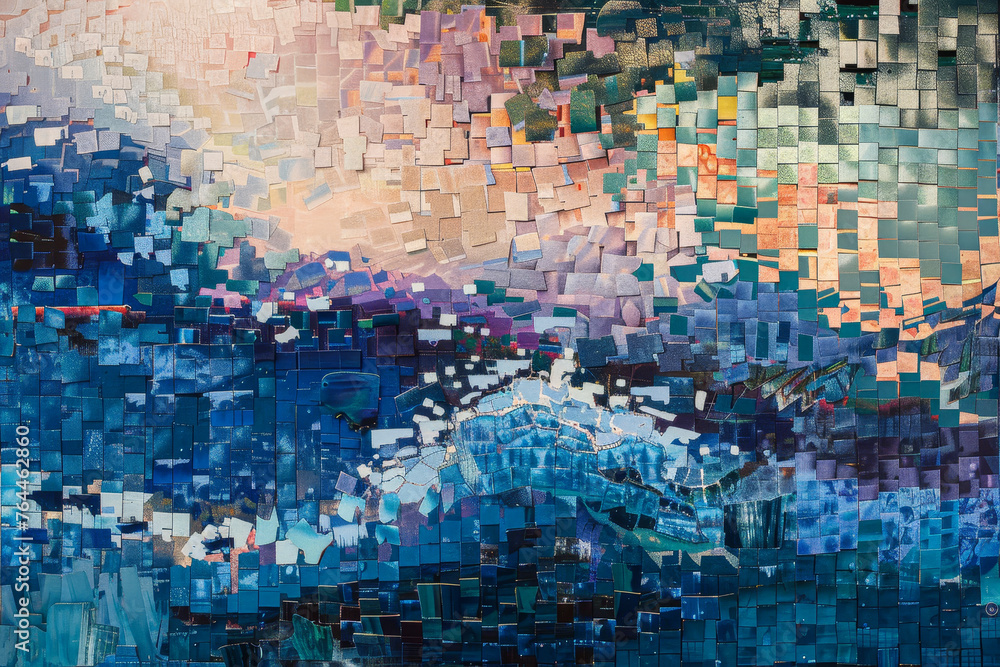 Poster a digital mosaic--waves of tiny squares form an abstract tapestry. each pixel holds a secret--coded 