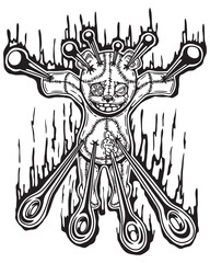 Illustration of a Black and White Teddy Bear That was Stabbed in a Voodoo Ritual. Transparent Background